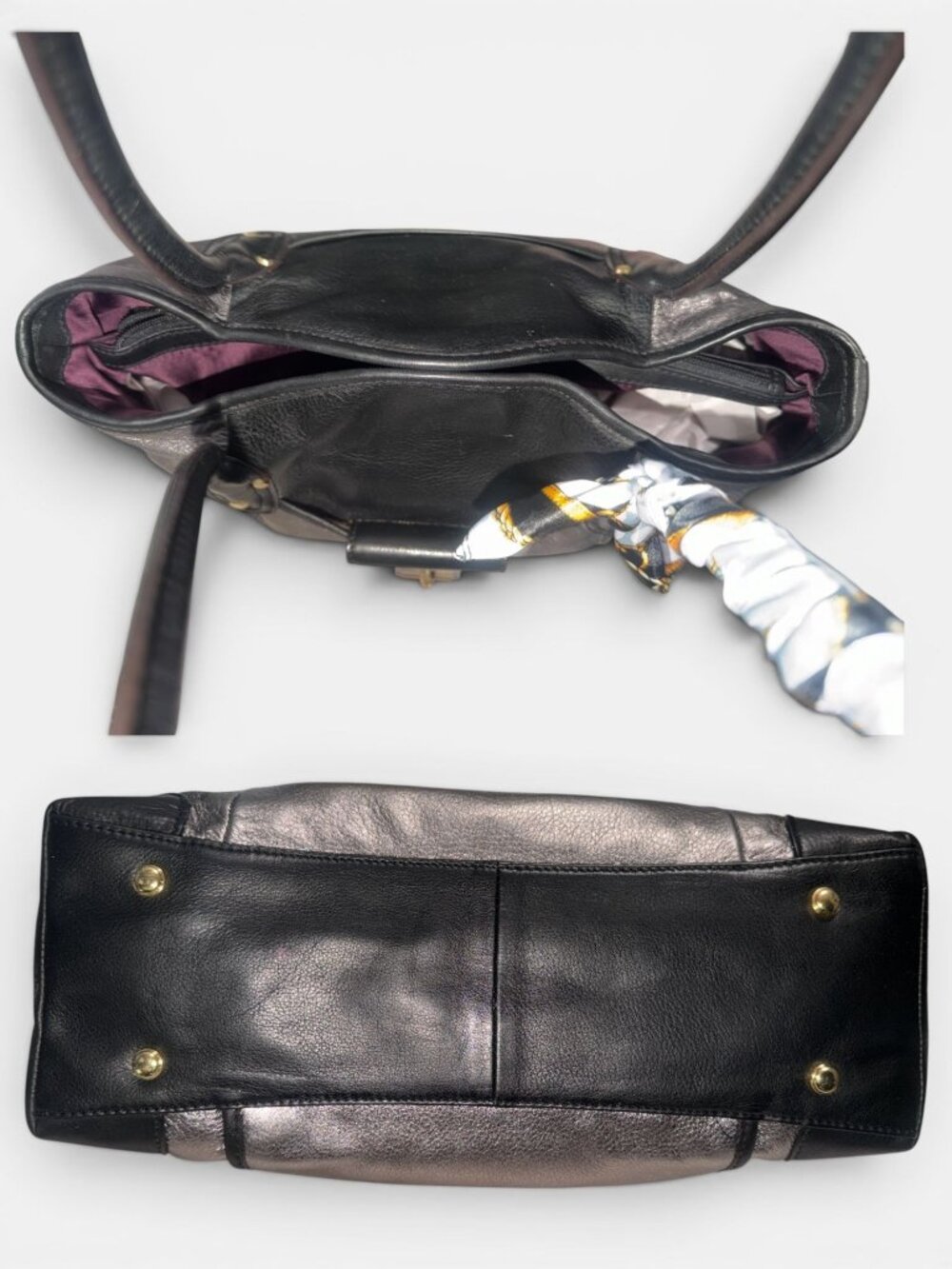 B Makowsky Nolita Turnlock Satchel Silver Black Colorblock Leather Shoulder Bag - Picture 6 of 8